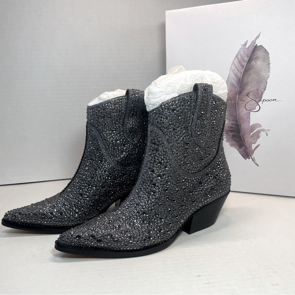 BNIB FIRST QUALITY Jessica Simpson Pewter Tamira 2 Rhinestone Ankle Boots 5.5M - Picture 3 of 15